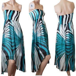 Myth NYC Smocked Strapless Hi-Low Chiffon Dress SZ M Blue Black